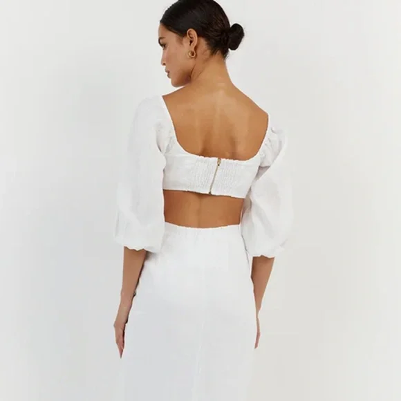 DISSH White Puff Sleeve Linen Crop Top - Picture 3 of 14